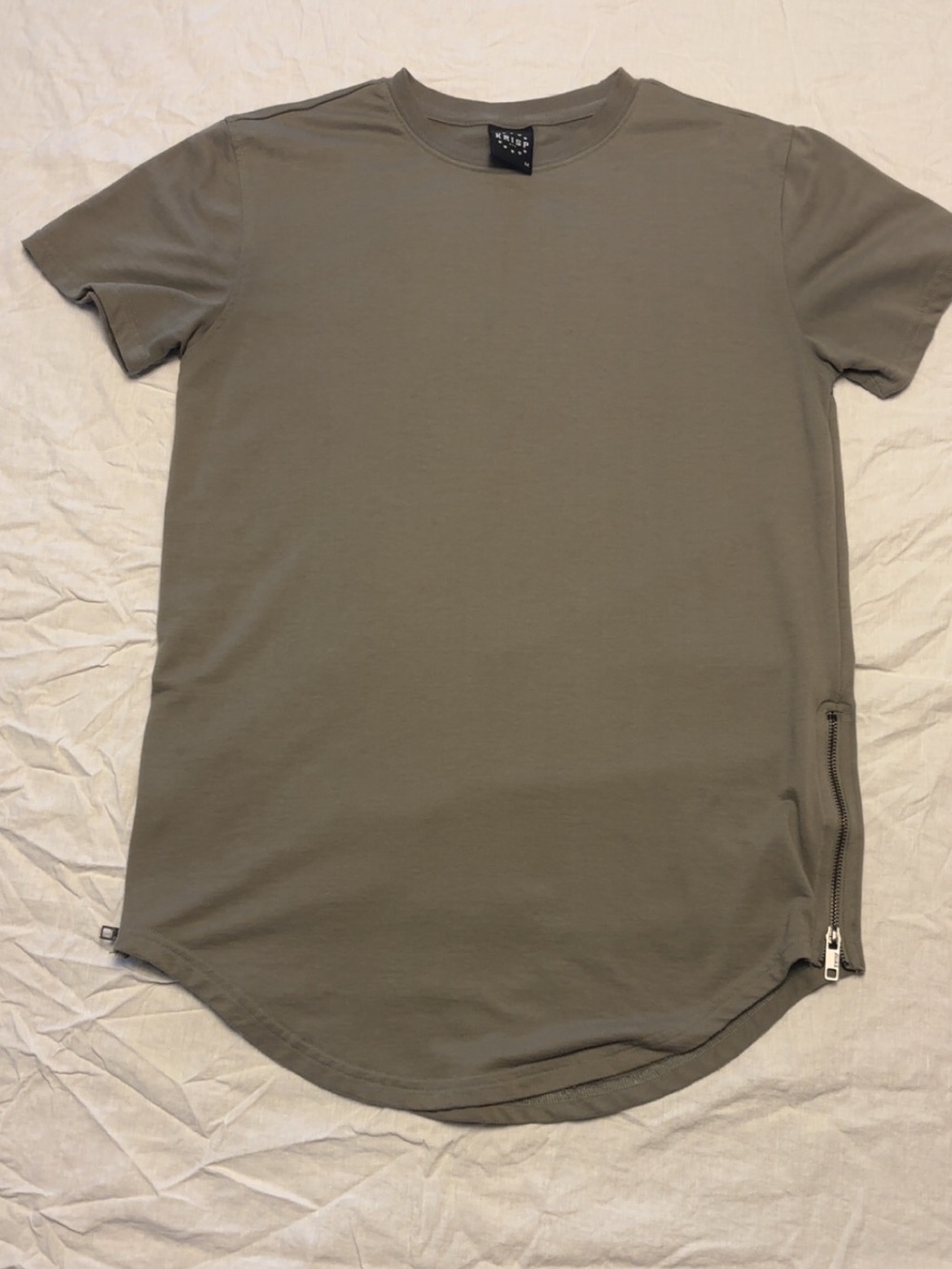 KRISP NYC Shirt Mens M Olive Green Zipper sides Crewneck Slim Fit Long tail